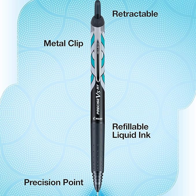 Pilot, Precise V5 RT Refillable & Retractable Rolling Ball Pens, Extra Fine Point 0.5 mm, Black, Tub of 48