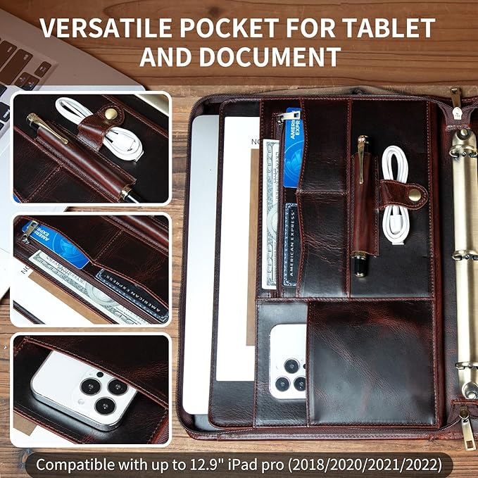 YIWEN Handmade Crazy-Horse Leather 3 Ring Binder Portfolio Padfolio Folder with Zipper for Men and Women, Business Organizer for Letter A4 Size for Meeting and Travel (Non-custom, Oil Wax-Dark Brown)