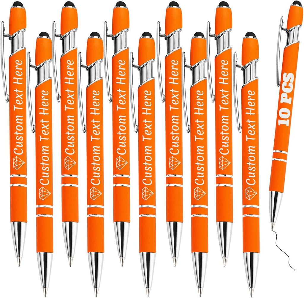Personalized Pens Bulk 10 with Name Custom Engraving Ballpoint Pens with Stylus Tip Customized Smooth Writing Pens Personalized Gifts for Anniversary Birthday or Graduation(Orange,Black Ink)