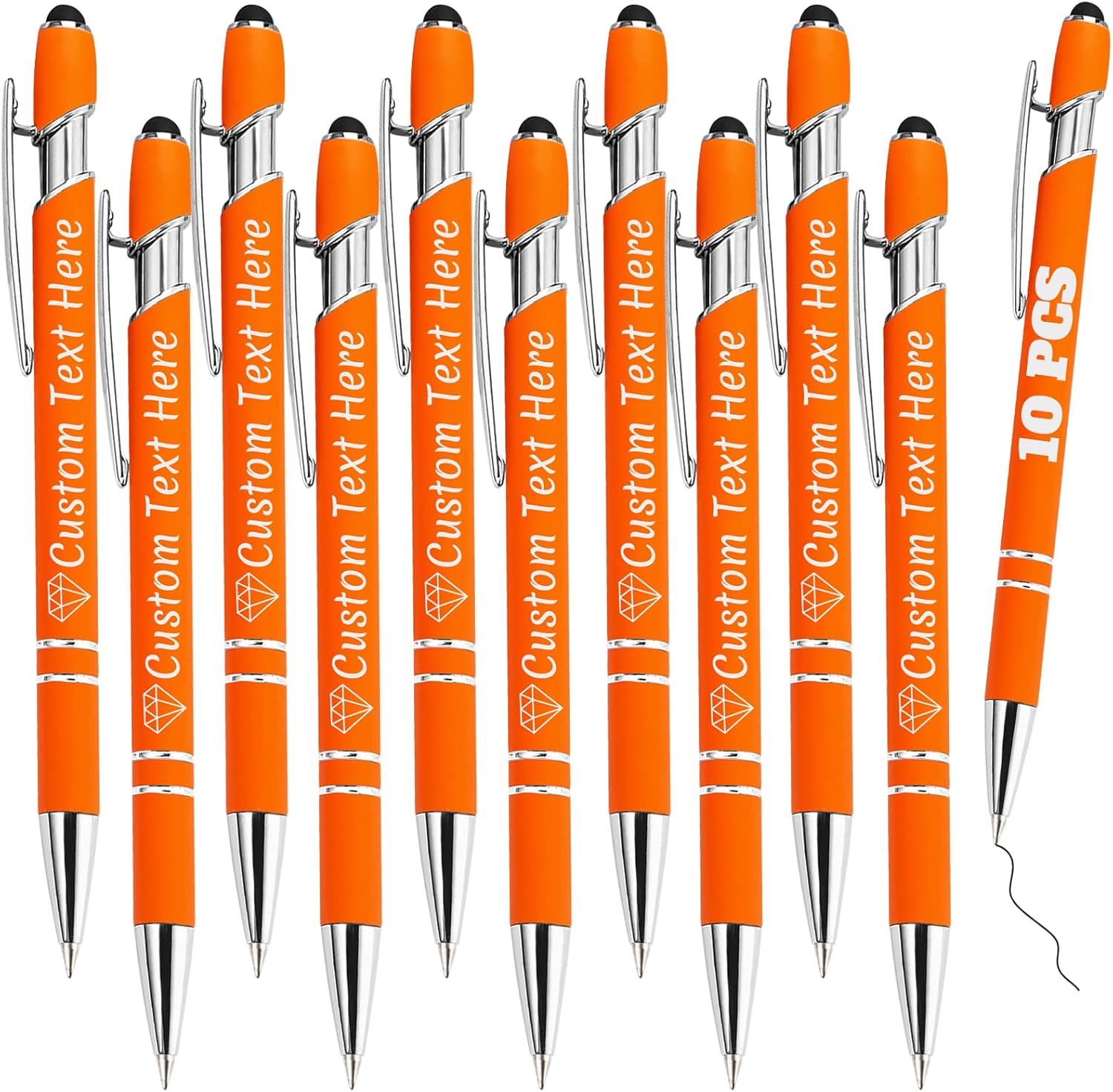 Personalized Pens Bulk 10 with Name Custom Engraving Ballpoint Pens with Stylus Tip Customized Smooth Writing Pens Personalized Gifts for Anniversary Birthday or Graduation(Orange,Black Ink)