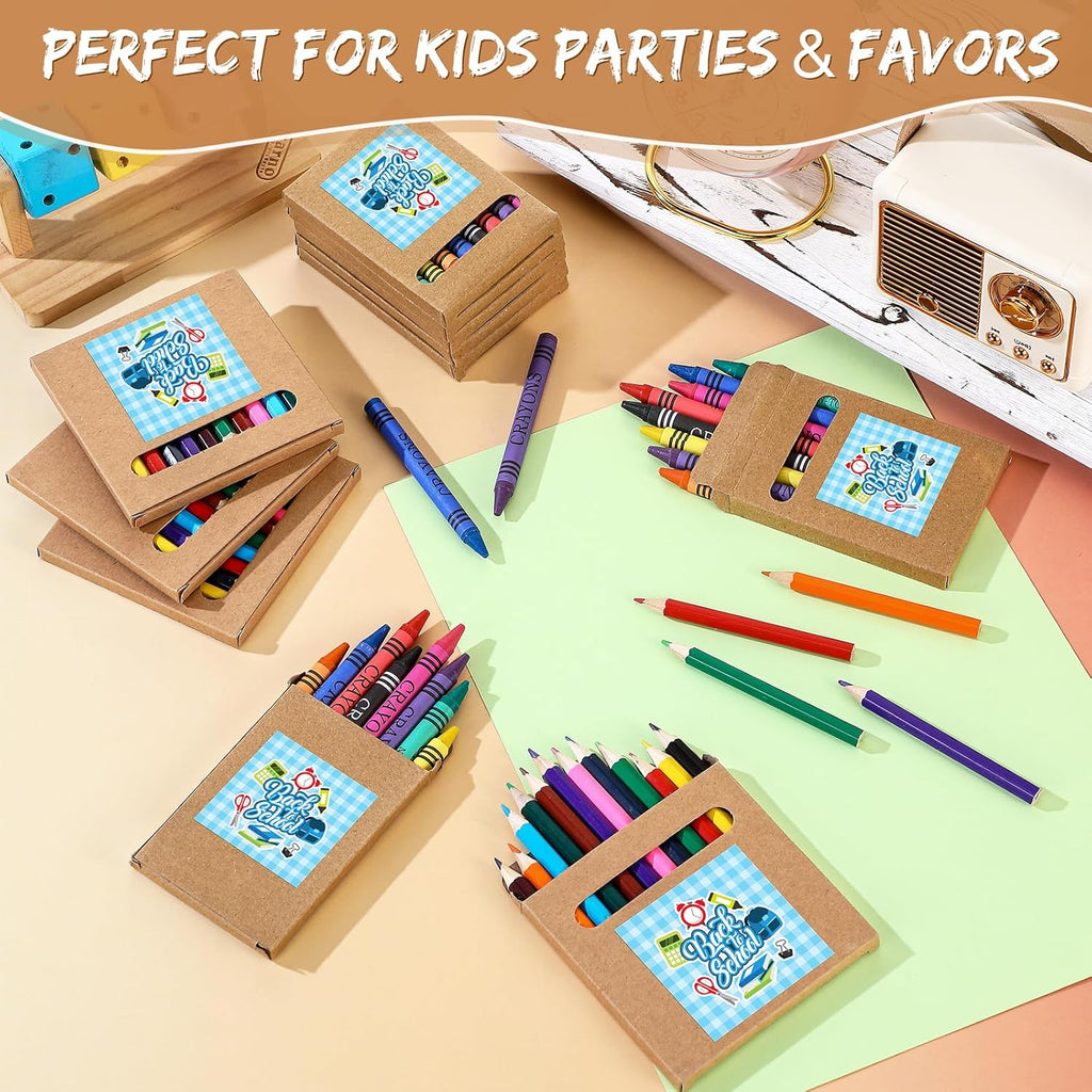 10 Sets Bulk Back to School Supplies, Colored Pencils Pre-Sharpened and Crayons Holiday Bundle in Box Mini Pencils Crayons Bulk Classroom Teacher Supplies, Cute Back to School Gifts