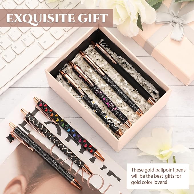 Sherr 7 Pcs Fancy Pens for Women Cute Sparkly Glitter Pens with 10 Pcs Black Ink Refills Pretty Gifts for Girls Office School Christmas Graduation(Black,Simple)