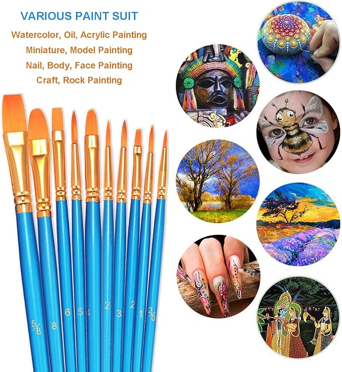 BOSOBO Paint Brush Set, 10pcs Round Pointed Tip Nylon Hair Artist Detail Paintbrushes, Professional Fine Acrylic Oil Watercolor Brushes for Face Nail Body Art Craft Model Miniature Painting, Blue