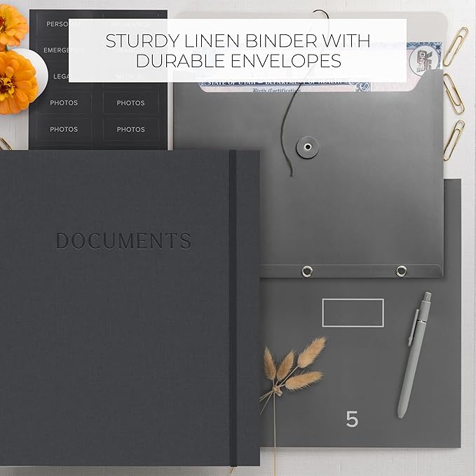 Aesthetic Document Organizer - Sturdy Linen 3-Ring Binder Safely Stores All Your Important Documents and Files in One Place - Easy to Use Expanding Storage Folder Incl. Envelopes, Pockets & Labels