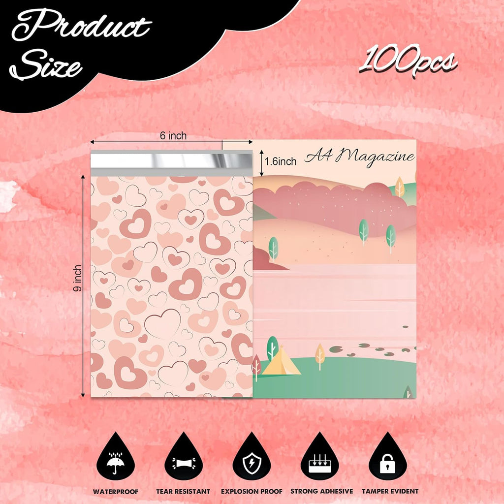 Pink Heart Poly Mailer 6x9 Inch 100 Pcs, Waterproof Shipping Bags for Clothing, Tear-Resistant Mailier Bags, Strong Mailing Bags with Self-Seal