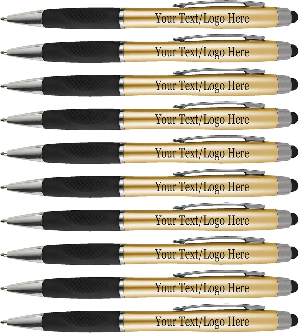 Personalized Pens With your Custom Logo or Text-300 Pack Bulk-for Businesses, Parties, and Events, 2 in 1 Ballpoint Pen + Capacitive Stylus Compatible with Touchscreen Devices, Gold Barrel, Blue Ink