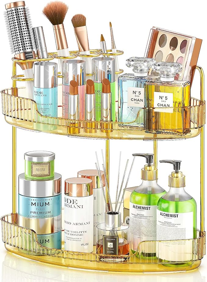2-Tier Corner Bathroom Counter Organizer Makeup Cosmetic Storage, Tool-Free Installation Acrylic Vanity Shelf, Skin Care Organizer Perfume Tray for Countertop Bathroom, Dresser, Kitchen (Gold)
