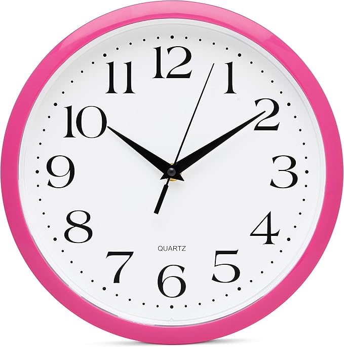 Bernhard Products Pink Wall Clock 10 Inch Silent Non Ticking Battery Operated Quality Quartz Round Easy to Read Home/Office/Kitchen/Nursery/Girl's Bedroom/Classroom/Kids Playroom/School Clock