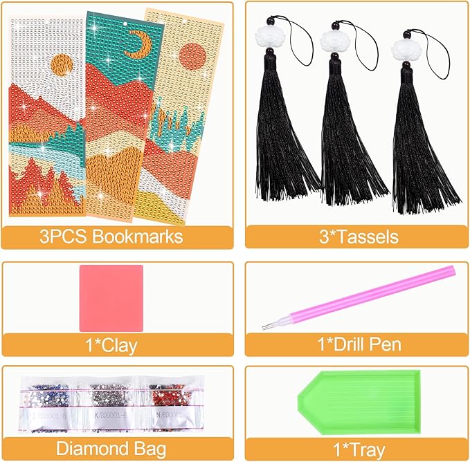 Anseal 3 Pcs 5D Diamond Bookmarks Painting for Book Lovers, PU Leather Fall Diamond Art DIY Bookmark for Women Girls, Tassel Beaded Book Mark for Graduation Birthday Reading Present