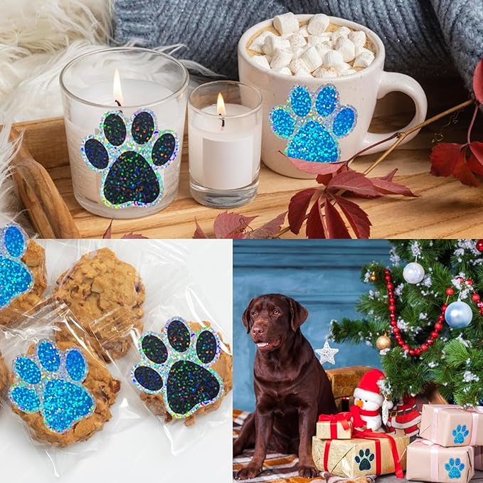 2 Inch Paw Stickers,300Pcs Sparkle Black Paw Stickers,Self-Adhesive Holographic Shiny Bear Paw Stickers Roll for Kids Birthday Decor Envelopes Seals Cards Gift Wrap