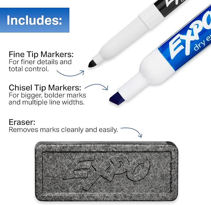 EXPO® Dry Erase Markers Set, Mixed Tip White Board Markers with White Board Eraser, Assorted Colors, 11 Count