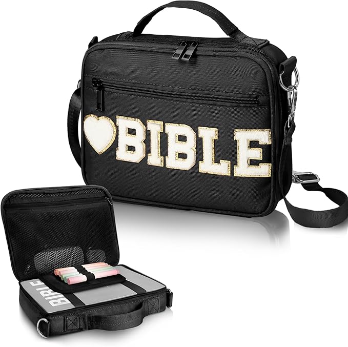 Silkfly Large Chenille Letter Bible Cover for Women Preppy Patch Bible Case Church Bible Bag with Handle(Black)