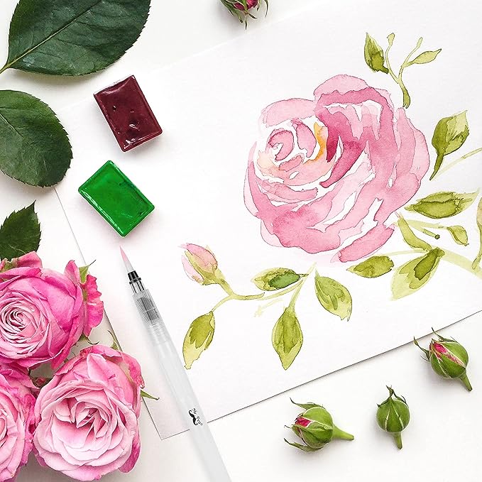 Mr. Pen Watercolor Brush Pens, 6 pcs, Pointed & Flat Tips, Nylon Bristles, White, Refillable, Portable Ink/Water Brush