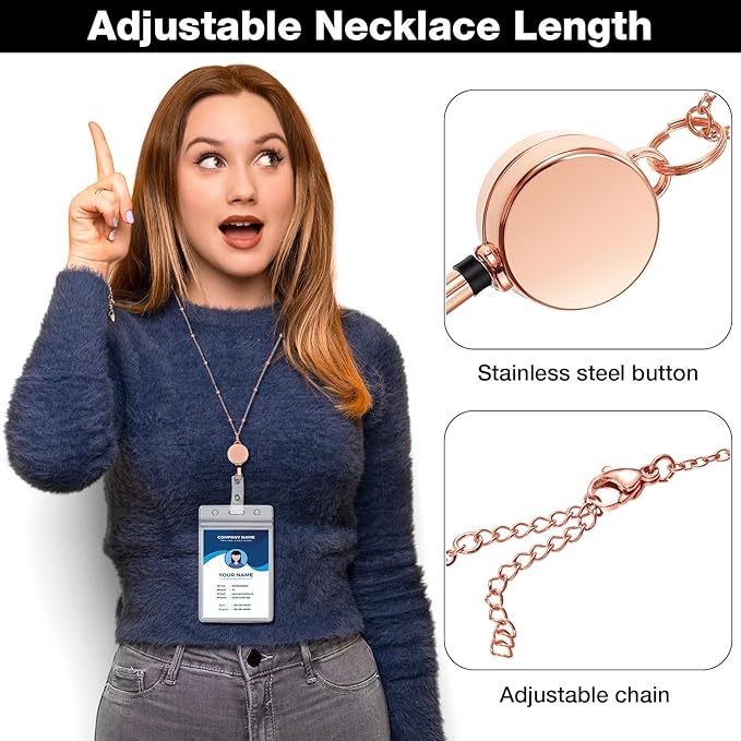 Outus 2 Pieces Badge Lanyard with ID Holders Stainless Steel Badge Holders Necklace Retractable Reel Clip Chain Water Resistant Name(Rose Gold)
