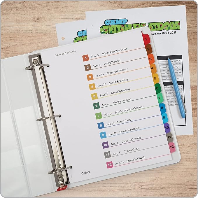 Oxford OneStep Binder Dividers, 12 Tab Numeric Divider Sets, Customizable Table of Contents, Works with 3 Ring Binder, Durable Plastic, Reversible Multicolor Tabs, Numbered 1–12, 3 Sets (89403)