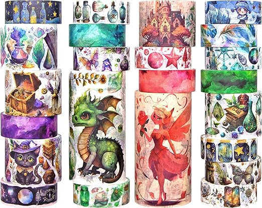 Washi Tape Set 23 Rolls, Magic & Fairy Themed Scrapbook Tape for Bullet Journal Set, Colored Masking Tape for Scrapbooking Supplies, Junk Journaling, DIY Craft (Dragons/Cats/Castles)