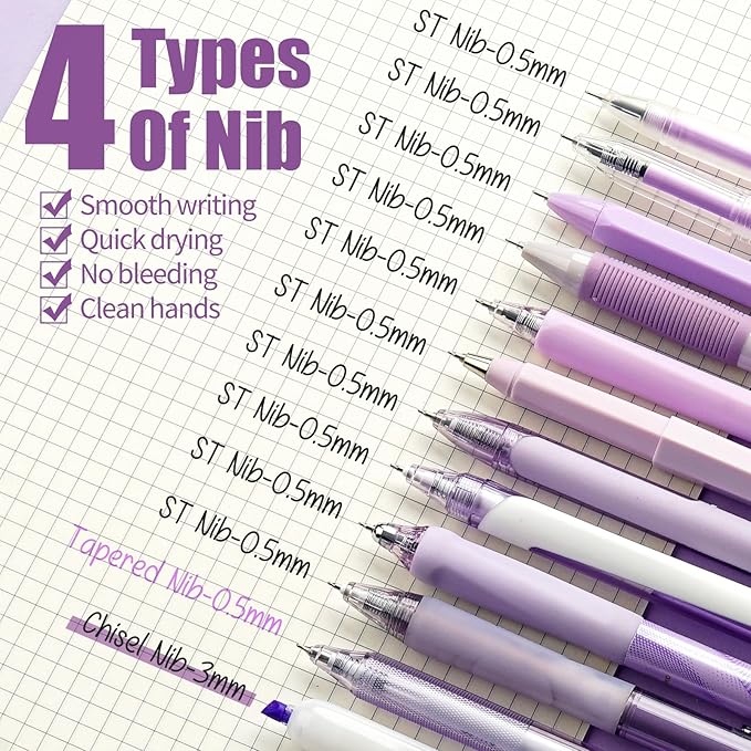 Four Candies 12Pack Pastel Gel Ink Pen Set, 11 Pack Black Ink Pens with 1Pack Highlighter for Writing, Retractable 0.5mm Fine Point Cute Note Taking Pens for School Office (Purple)