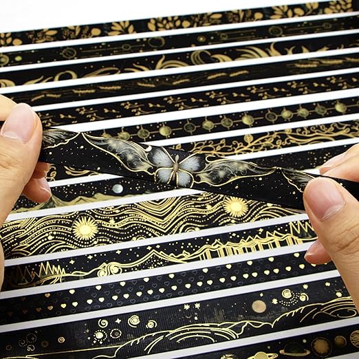 Black Washi Tape Set, 27 Rolls Black Gold Foil Decorative Masking Tape for Bullet Journaling, Scrapbooking Supplies, Watercolor Painting