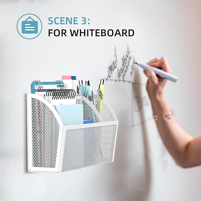 DALTACK Magnetic Pencil Holder Magnetic Shelf for the Whiteboard 3-Grid Mesh Magnetic Pen Holder for Refrigerator Magnetic Organizer Locker Accessories Organizer for Home, School and Office, White