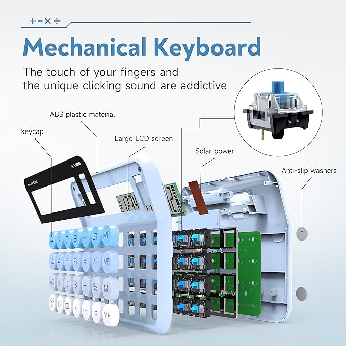 True Mechanical Switch Calculator,12 Digits, Large LCD Display,Big Buttons,Solar and Battery Dual Power Mechanical Keyboard Desktop Calculators,Cute and Aesthetic (Blue Gradient, Large)