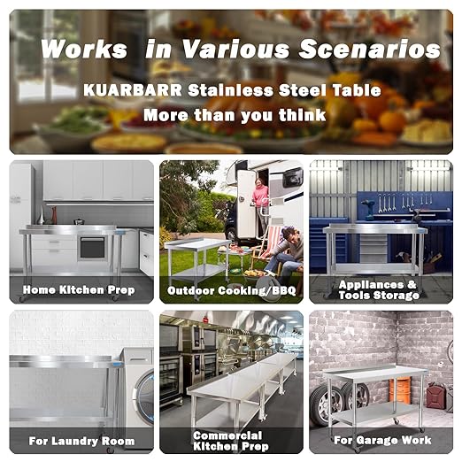 Stainless Steel Table for Prep & Work with Backsplash 24 x 30 Inches NSF Metal Commercial Kitchen Adjustable Under Shelf Worktable for Restaurant Home Outdoor