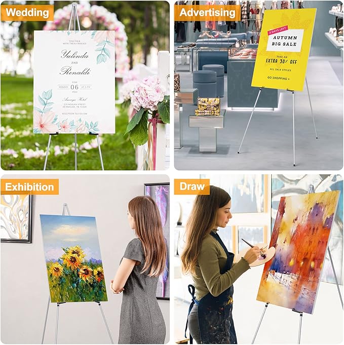 Display Artist Easel Stand - 63" Instant Tripod Collapsible Portable Floor Easel - Easy Folding Adjustable Art Poster Metal Stand for Display Show, Wedding, Painting - Silver