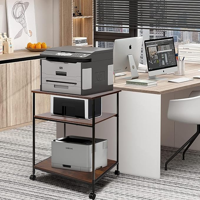 EMERIT 3-Tier Printer Stand for Laser/Inkjet/All-in-One - 23.6x18.9x31.5 Heavy Duty Cart w/Adjustable Shelves & Lockable Wheels, Storage for Scanner/Fax/Supplies - Industrial Home & Office
