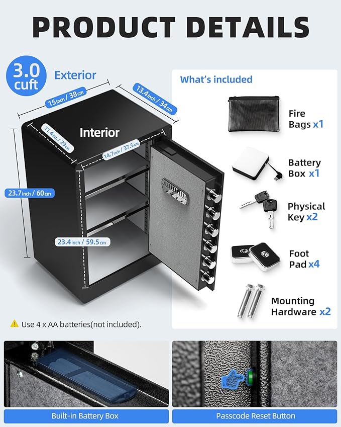 DAYI Safe Box, 3.0 Cubic Feet Home Safes with Fireproof Waterproof Bag, Security Safe for Money Cash Documents, Digital Keypad, Dual Alarm System, Removable Shelf - D-60