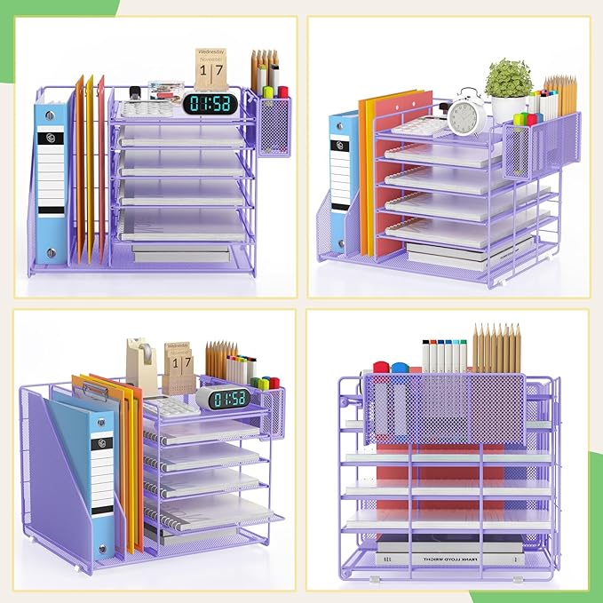 File Organizer for Desk 6 Tier Paper Organizer Letter Tray with File Holder Pen Holder, Mesh Office Desk Accessories & Workspace Organizers (Purple)