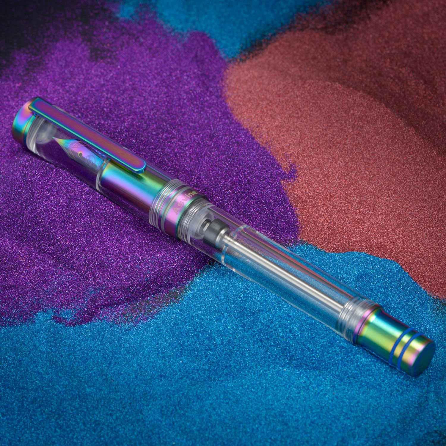 Asvine V200 Titanium Fountain Pen Vacuum Filling, Rainbow Medium Nib Clear Demonstrator Acrylic with Pen Case and Wrench