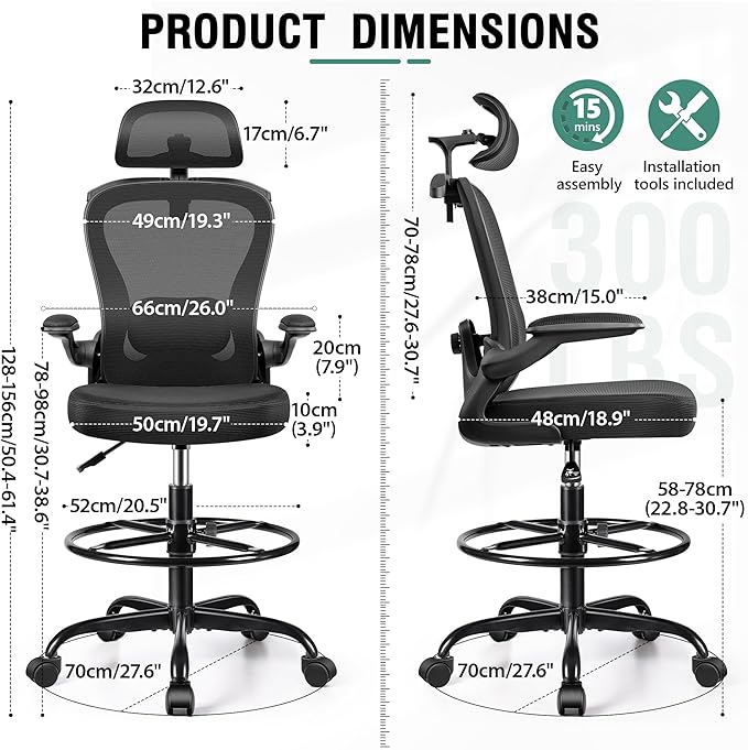 Drafting Chair, Tall Office Chair with 3D Lumbar & Head Support, Ergonomic Mesh Standing Desk Chair with Footring, Comfy Extended High Desk Chair with Flip-Up Arms & Hanger (Black)