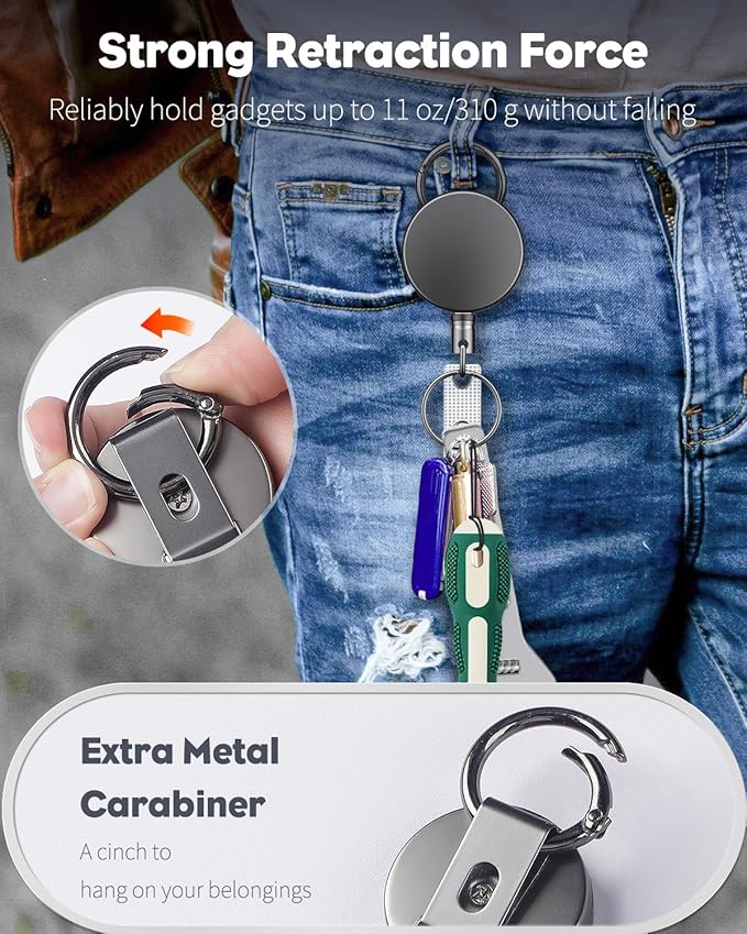Uniclife 2 Pack Heavy Duty Metal Retractable Badge Reel for Badge Holder Retractable Keychain All Metal Casing with Stainless Steel Spring Coil 27.5" Nylon Rope Carabiner Belt Clip and Key Ring