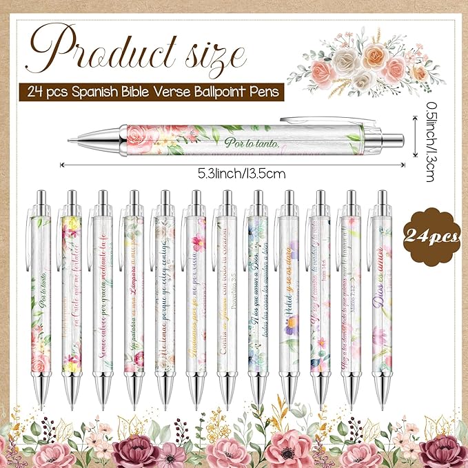 24 Pcs Spanish Christian Pens Regalos Cristianos En Español Bible Verse Ballpoint Pens with Inspirational Quote Spanish Christian Gifts for Religious Church Office School(Flower)