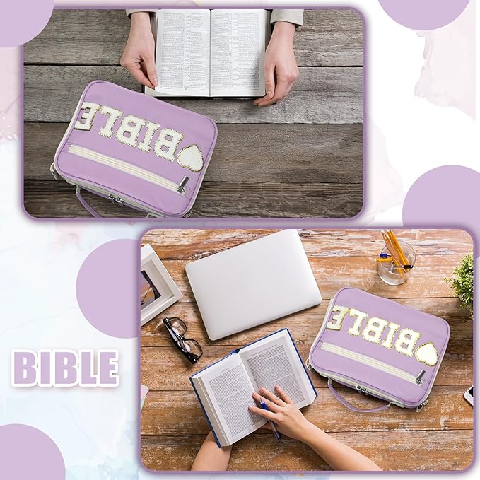 Silkfly Large Chenille Letter Bible Cover for Women Preppy Patch Bible Case Church Bible Bag with Handle(Purple)