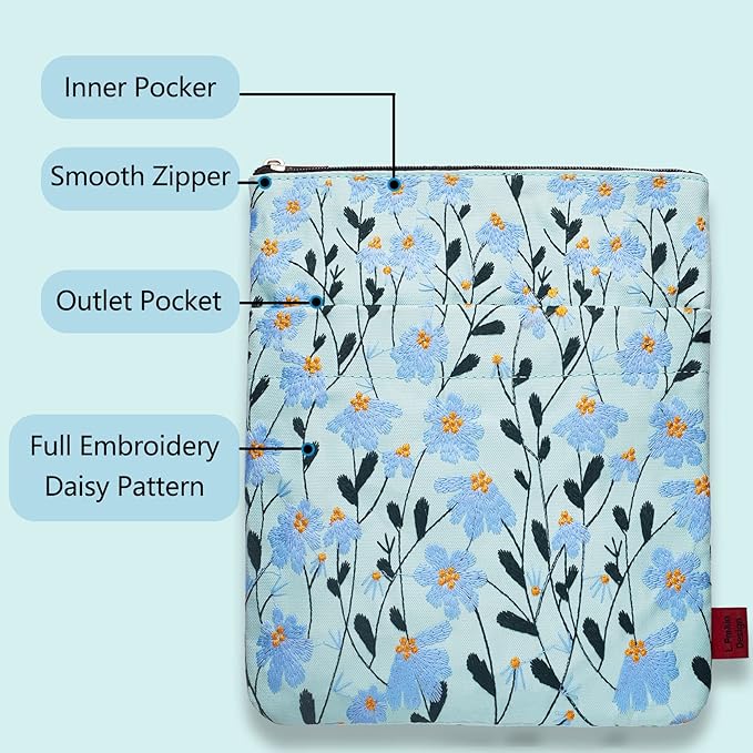 LParkin Daisy Flower Embroidery Book Sleeve with Zipper for Readers Protector Cover Gift for Book Lovers, 11x 8.5 Inch Washable Fabric, Daisy Blue