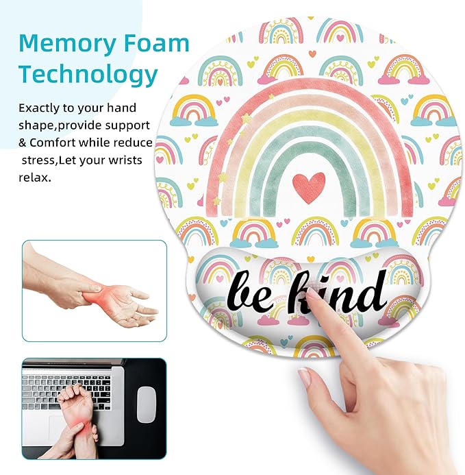 Ergonomic Mouse Pad with Wrist Support,Inspirational Be Kind Rainbow Mouse Pad with Wrist Rest,Relieve Wrist Pain Mousepad Non-Slip Rubber Base,Mouse Pads for Desk,Computers,Laptop,Office,Accessories