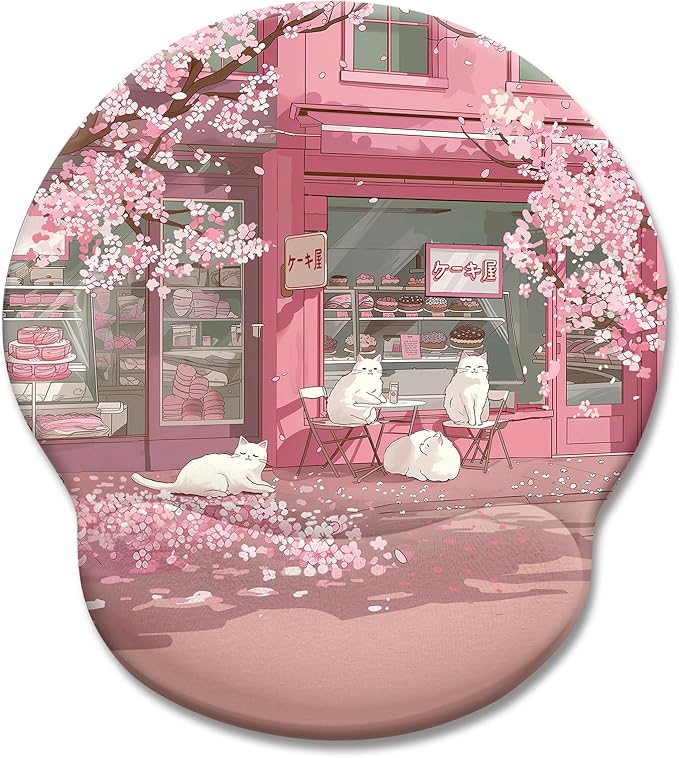 Cat Ergonomic Mouse Pad with Wrist Rest, Pink Cherry Blossom Computer Mouse Pad Wrist Support with Non-Slip Pain Relief PU Base, Cute Office Desk Decor Accessories Japanese Dessert House