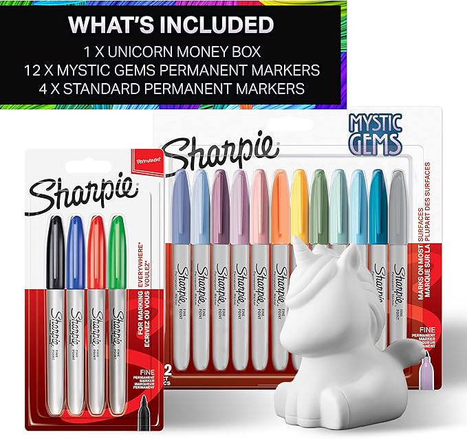 Sharpie Permanent Marker Pens Gift Set | Unicorn Money Box & Marker Pens | Fine Point | Assorted Mystic Gem Colours | 16 Count | Unicorn Gifts for Girls & Boys