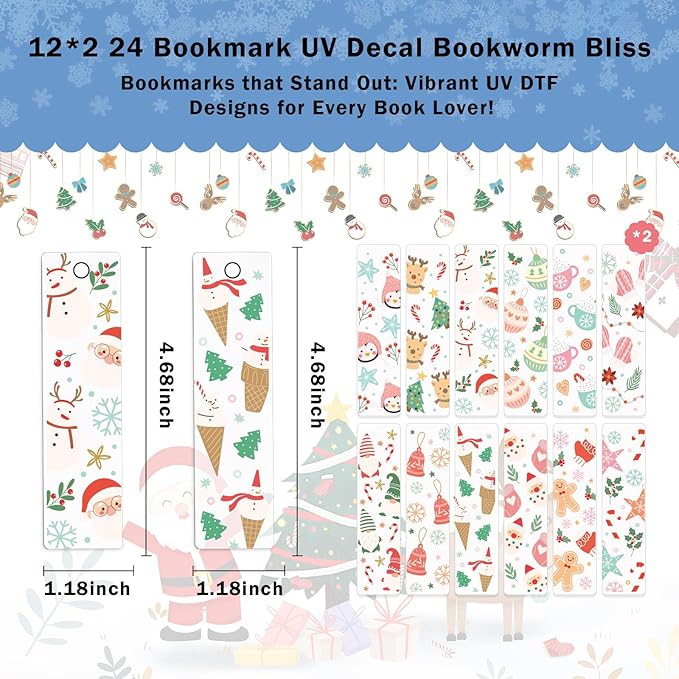 Christmas UV DTF Bookmark Stickers - 24 Pcs Gnome Santa Claus Blank Acrylic Bookmarks Uvdtf Double-Sided Sticker About Festival Theme, Cute Snowflake Elk Rub on Transfer Decals for Booklover Gifts