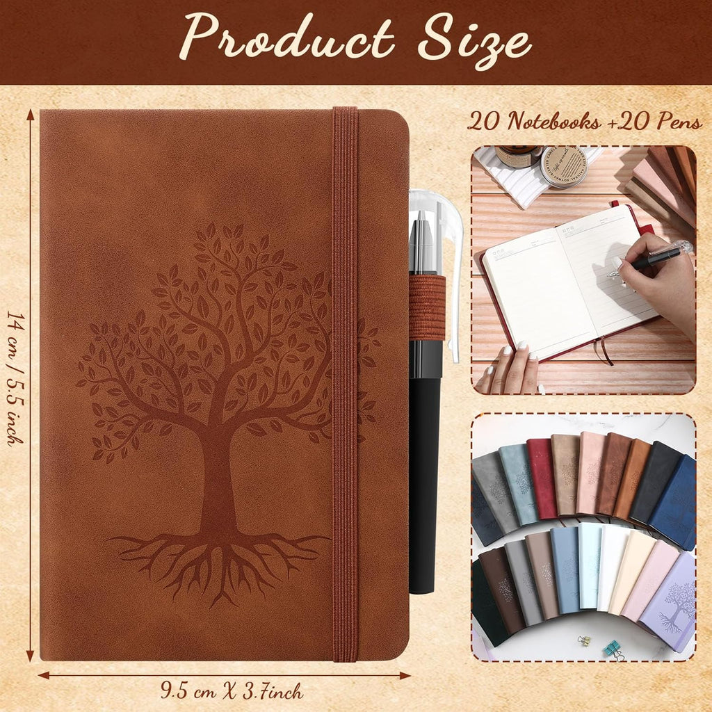 Estune Tree Small Notebooks Pen Leather Lined Pocket Subject Notebooks Hardcover Pocket Notepad Cute Ruled Leather Journals with Pen Holder for Men Women School Business, A6(Retro Color,20 Set)