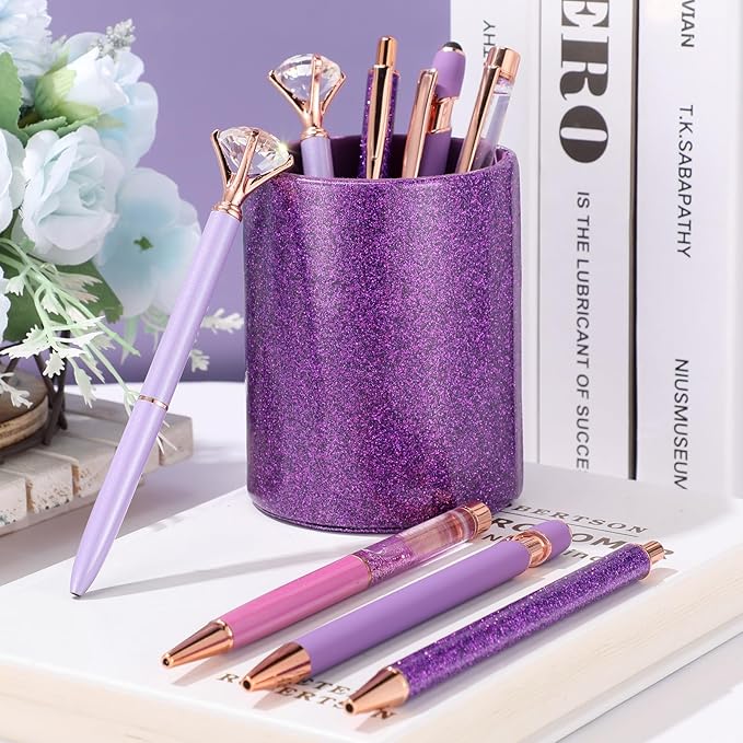 Sabary 8 Pcs Ballpoint Pens with Pen Holder for Desk Metal Crystal Diamond Pen Glitter Pencil Holder Fancy Pens Black Ink Bling Desk Organizer for Women Girls Office School Wedding Gifts (Violet)