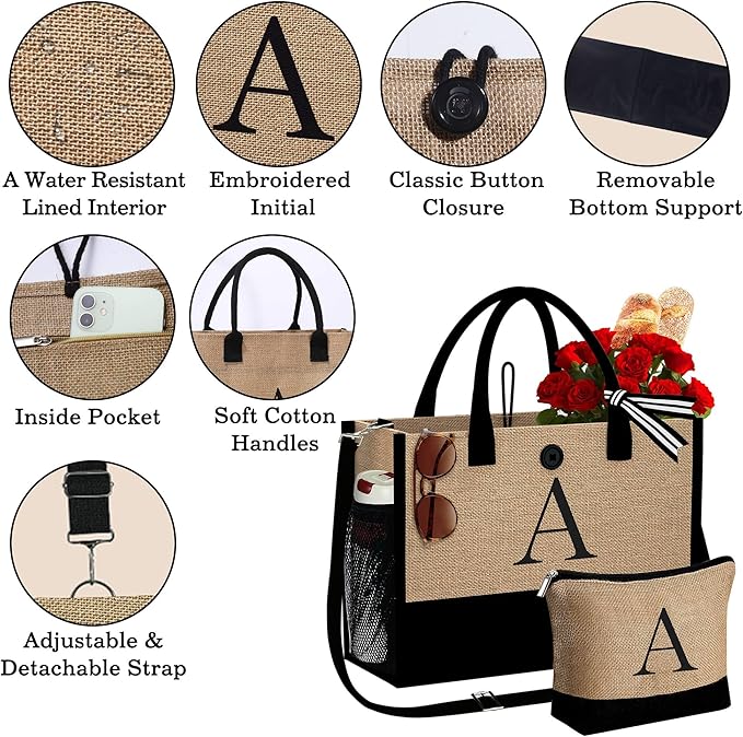 YOOLIFE Christmas Gifts for Women - Initial Jute Tote Bag & Makeup Bag, Birthday Gifts for Women Her Mom Teacher Friend