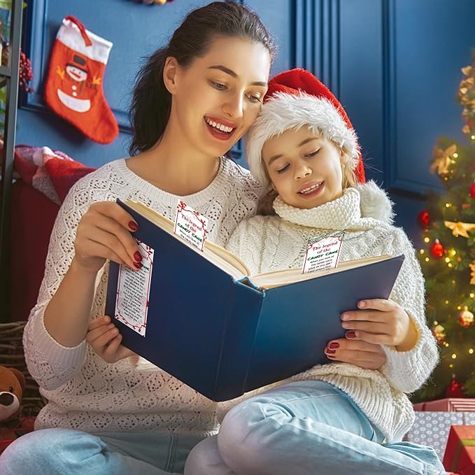 Haooryx 240pcs Christmas Theme Bookmarks, The Legend of The Candy Cane Bookmark with Red Ribbons, Candy Cane J is for Jesus Religious Bookmark Party Favor for Sunday School Supply Students Rewards