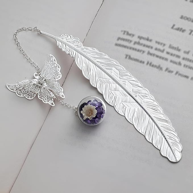 Toirxarn Silver Feather Bookmark with Butterfly Charm - Elegant Bookmarks for Women, Book Lovers Gifts, Book Marker for Reading, Teacher Appreciation Gifts, Unique Birthday Gifts, Stocking Stuffers