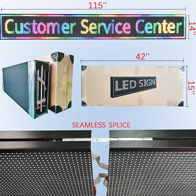 P10 Outdoor Programmable Scrolling Led Digital Sign , Electronic Sign Display Marquee Screen Custom Word Advertising Message Board for Business Store Restaurants Window, Wifi Control Full Color115"X14"
