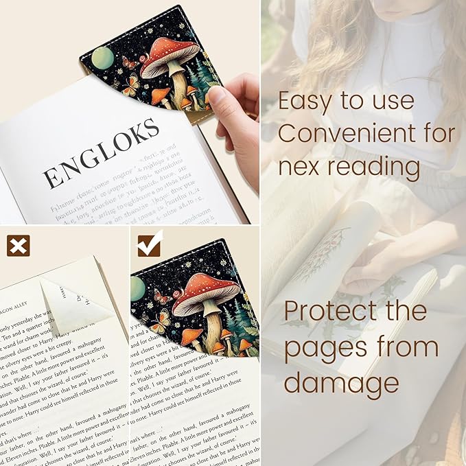 Cute Mushroom Corner Bookmarks, Leather Book Accessories for Book Lovers, 3 Pcs Reading Book Page Markers for Women Men Student Teacher Girls Boys Kids Retirement Birthday Gifts