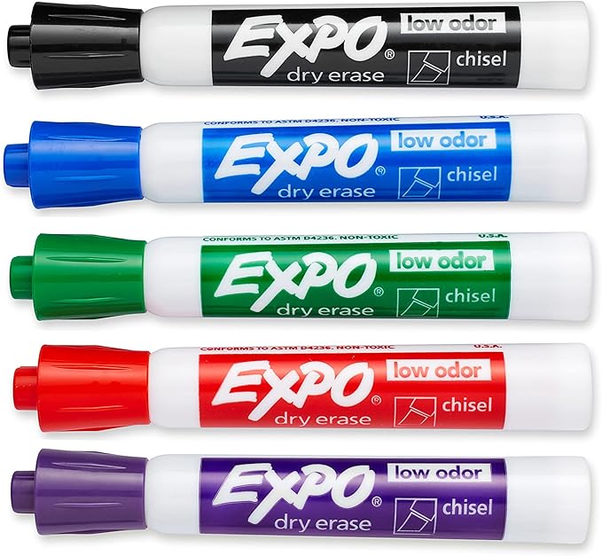 EXPO Low Odor Dry Erase Markers, Chisel Tip, Assorted Colors, Pack of 36 - Ideal for Classrooms, Offices & Home Offices