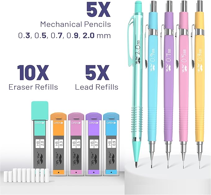 Mr. Pen- Pastel Mechanical Pencil Set with Lead and Eraser Refills, 5 Sizes, 0.3, 0.5, 0.7, 0.9, 2mm, Mechanical Pencils for Drawing and Sketching, Cute Pencils, Mechanical Pencil