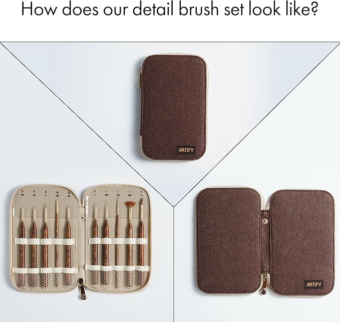 Artify Extreme Detail Paint Brushes, Miniature Paint Brushes for Models, 10pcs Small Paint Brushes with a Handbag, Miniature Brushes for Fine Detailing - Acrylic, Watercolor,Oil,Models,40K