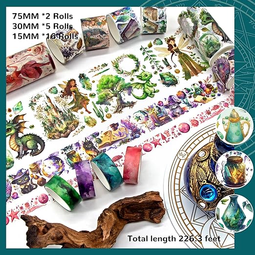 Washi Tape Set 23 Rolls, Magic & Fairy Themed Scrapbook Tape for Bullet Journal Set, Colored Masking Tape for Scrapbooking Supplies, Junk Journaling, DIY Craft (Dragons/Cats/Castles)